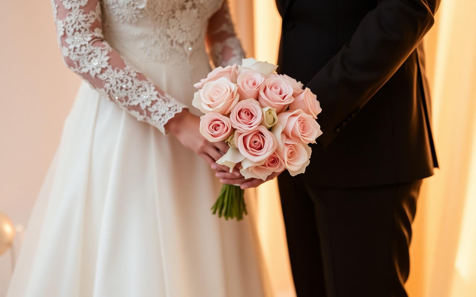 Bride and groom holding a blush rose bouquet